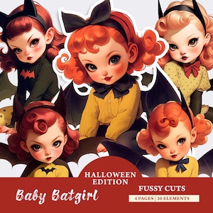 20 Vintage Halloween Dolls Clipart Bundle, Retro Baby BatGirl Fussy Cut, Baby Girl Junk Journal Kit , Printable Collage Sheet, Cut-outs