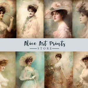 Mujeres hermosas vintage en un vestido y sombrero de la época victoriana Tarjeta de diario, pinturas románticas para damas Tarjetas ATC, imágenes efímeras para DIY N70