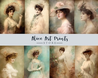 Mujeres hermosas vintage en un vestido y sombrero de la época victoriana Tarjeta de diario, pinturas románticas para damas Tarjetas ATC, imágenes efímeras para DIY N70