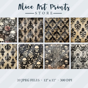 May include: Set of 20 digital paper designs featuring a black and white damask pattern with skulls and roses. The papers are 12 inches by 12 inches and 300 DPI.