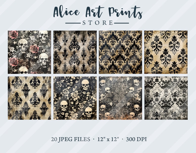May include: Set of 20 digital paper designs featuring a black and white damask pattern with skulls and roses. The papers are 12 inches by 12 inches and 300 DPI.