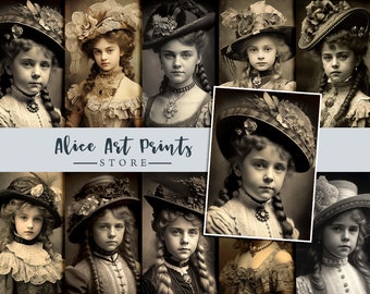 Vintage Little Girl in Victorian dress , Card Making Scrapbook Junk Journal, Retro Photos little Victorian girl, Fashion Antique Portraits