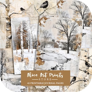 Puede incluir: Collage de impresiones artísticas de paisajes invernales con pájaros posados en ramas. Las impresiones presentan escenas nevadas con árboles y un río. El texto "Alice Art Prints Store" y "45 Printable Journal Pages" es visible.