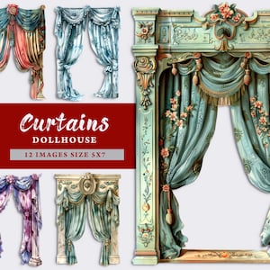 Cortinas de teatro de papel vintage imprimíveis, casa de bonecas de teatro francês, diário de lixo, coisas efêmeras vintage digitais, fabricação de cartões, álbum de recortes