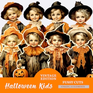 Niedliches Halloween für Junk Journals, Vintage Halloween Boy Clipart, druckbare Collage Sheet, Retro Halloween Clipart