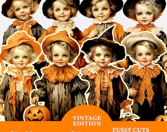Urocze Halloweenowe Dziecięce Wycinane Ephemera Do Dzienników Śmieciowych, Vintage Halloween Boy Clipart, Wydrukowany Arkusz Kolażu, Retro Halloween Clipart