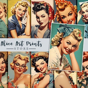 Junk Journaling Ephemera, Junk Journal des années 1950 pin up modèle carte postale, Retro Photos Digital, Printable Retro Housewives Clipart, 1950 s Women