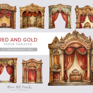 Vintage Red Paper Theater, druckbares französisches Theater Puppenhaus, Junk Journal digitale Vintage Ephemera, Collage, Kartenherstellung, scrapbooking
