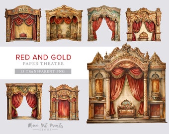 Vintage Red Paper Theater, Printable French Theater Dollhouse, junk journal digital vintage ephemera, collage, card making, scrapbooking