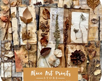 May include: A collage of 20 printable journal pages featuring dried botanicals and textures in shades of brown, beige, and white. The text "Alice Art Prints - STORE - 20 Printable Journal Pages" is at the bottom of the image.