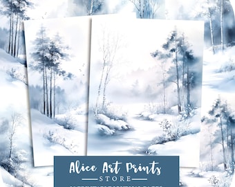 May include: 20 printable journal pages featuring a watercolor painting of a snowy forest scene with a stream running through it. The painting is in shades of blue and white, with a light blue background and white snow on the ground. The trees are tall and slender, with branches reaching up towards the sky. The stream is narrow and winding, and the water is clear and sparkling. The text "Alice Art Prints - STORE - 20 Printable Journal Pages" is at the bottom of the image.