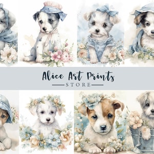 Mignon chiot aquarelle Clipart, mignon chiot rétro Wall Art, aquarelle chien pépinière imprime, mignon vintage bébé chiens 8 haute qualité JPG N47