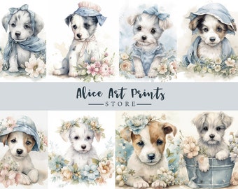 Cute Puppy Watercolor Clipart, Cute Retro Puppy Wall Art, Watercolor Dog Nursery prints, Cute Vintage Baby Dogs 8 High-Quality JPG N47