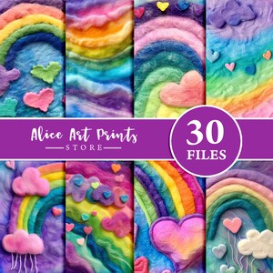 Peut inclure: Un téléchargement numérique de 30 papiers numériques sur le thème de l'arc-en-ciel avec des arcs-en-ciel, des nuages et des cœurs. Les papiers sont parfaits pour l'artisanat, le scrapbooking et les projets de design numérique. Alice Art Prints Store.