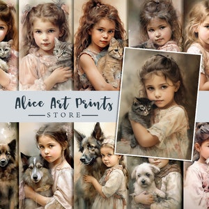 Petite fille avec des cartes de journalisation aquarelle chaton chiot, art aquarelle rétro vintage pour enfants, illustrations aquarelles, 25 images éphémères