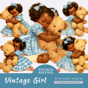 Vintage Little Black Girl with Teddy Bear Clipart, transparent PNG, Cute Girls Clipart, Sublimation, Paper craft, Junk Journal Scrapbooking