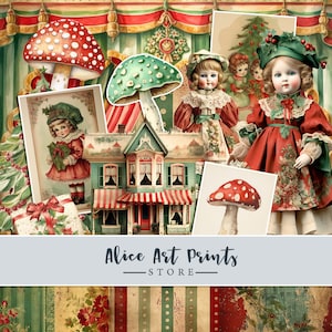 Druckbare Weihnachten Digital Kit, Basteln Vintage Puppen, französische Spielzeug Theater Vorhänge, Pilze Scrapbooking, Card Making, Ephemera Clip Art