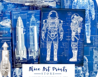 May include: A digital collage of 30 printable journal pages featuring blueprint style illustrations of spaceships and astronauts. The text "Alice Art Prints - STORE - 30 Printable Journal Pages" is at the bottom of the image.