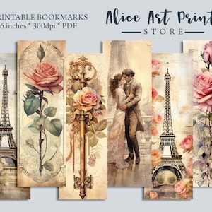 Designs românticos de marcadores de Paris, download digital de marcadores para impressão, cartão de diário lixo em aquarela Shabby Chic, cartões de registro no diário, coisas efêmeras