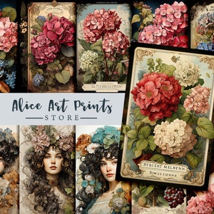 Victorian hortensia flower illustration Journaling Cards, Junk journal ephemera, ATC, Journal Tags, Junk Journal & Scrapbooking Supplies
