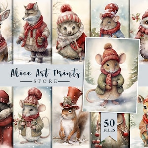 Kerstdieren journaling-kaarten, vintage kerstdieren aquarel clipart, junk journal ephemera, kaarten maken, afdrukbaar digitaal bestand