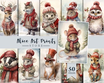 Christmas Animals Journaling Cards, Vintage Christmas Animals Watercolor Clipart, junk journal ephemera, card making, Printable Digital File