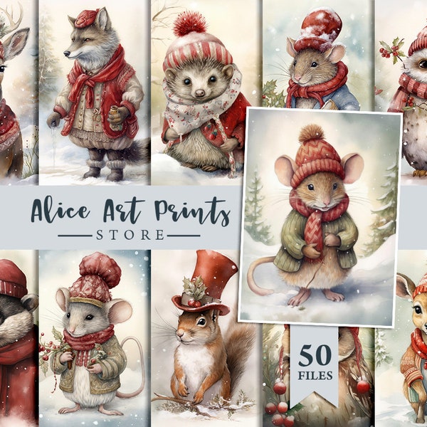 Christmas Animals Journaling Cards, Vintage Christmas Animals Watercolor Clipart, junk journal ephemera, card making, Printable Digital File