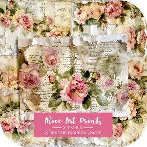 Kleine rozen Shabby Chic Junk Journal Kit, aquarel bloemen digitaal dagboekpapier voor scrapbooking, vintage kanten pagina's met gescheurde rand