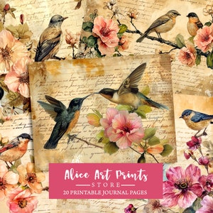 Birds and Flowers Junk Journal Kit, Vintage Ephemera Journal, Digital Paper for Scrapbooking, Printable Collage Sheets, Instant Download