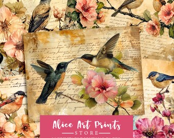 Birds and Flowers Junk Journal Kit, Vintage Ephemera Journal, Digital Paper for Scrapbooking, Printable Collage Sheets, Instant Download