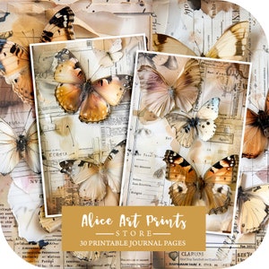 Pagine di diario spazzatura vittoriano shabby chic con farfalle, carta per diario digitale con farfalle shabby antiche per scrapbooking, foglio di collage vintage