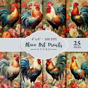 Tarjetas de decoupage de gallo y peonías de acuarela, diario basura de granja chic shabby, fabricación de tarjetas, efímera imprimible de gallo galo francés