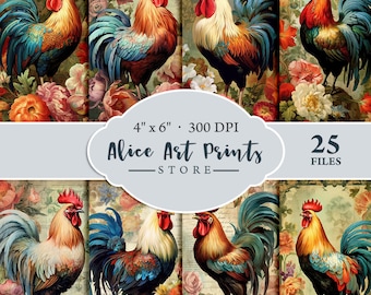 Watercolor Rooster and Peonies Decoupage Cards, Shabby chic Farmhouse junk journal, Card Making, French Gallic Rooster Printable Ephemera