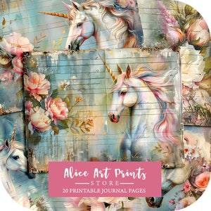 Magische eenhoorns ongewenste dagboekpagina's, sprookje, fantasy digitale scrapbook paper kit, fantastische shabby chique achtergronden, Unicorn Ephemera