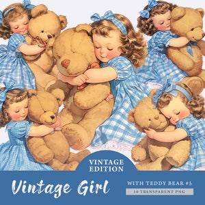 Cute Girl with Teddy Bear Clipart Bundle, transparent PNG, Vintage Little Girls Clipart, Sublimation, Paper craft, Junk Journal Scrapbooking
