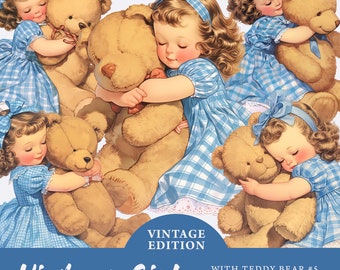 Paquete de imágenes prediseñadas de niña linda con osito de peluche, PNG transparente, imágenes prediseñadas vintage para niñas pequeñas, sublimación, artesanía de papel, álbum de recortes de diario basura