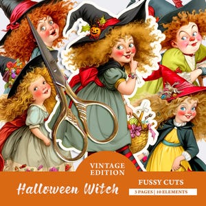 印刷可能な紙人形、面白い魔女、カットされたヴィンテージ風変わりなハロウィーン魔女のクリップアート、レトロなハロウィーンのエフェメラ、クラフト用品