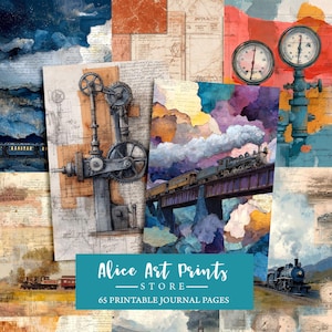 May include: A collection of 65 printable journal pages featuring vintage-style illustrations of steam trains, mechanical gears, industrial pressure gauges, and handwritten script overlays on textured backgrounds with watercolor clouds and sky motifs.