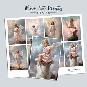 May include: A set of six digital printable images featuring angels with wings. Each image features a young girl with blonde hair wearing a white dress and wings. The images are set against a background of clouds and sky.