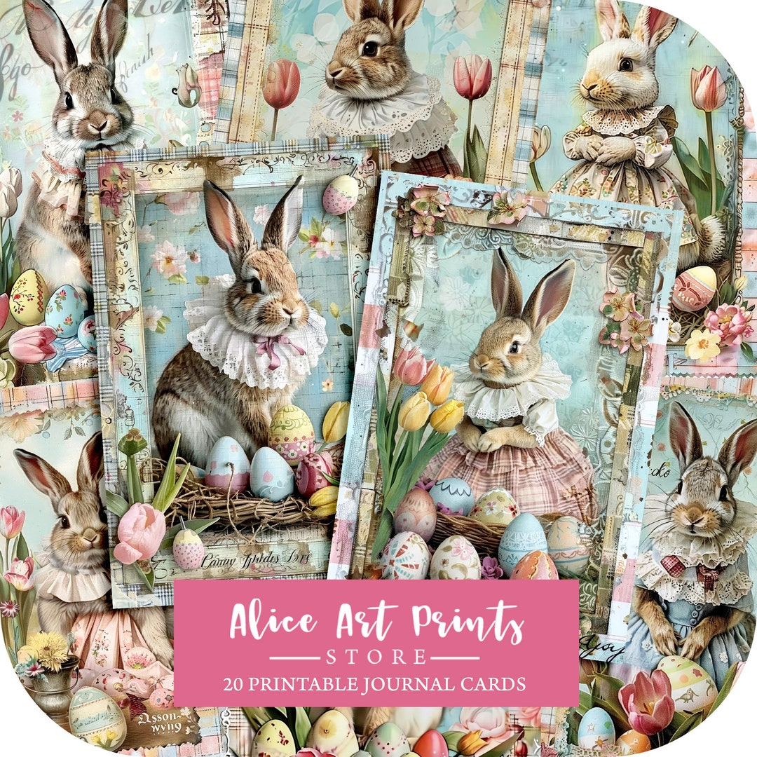 Easter Bunny Junk Journal Cards, Easter Greetings Card, Shabby Chic ...