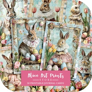 Easter Bunny Junk Journal Cards, Easter Greetings Card, Shabby Chic Spring Journal Digital Paper Bunnies and Easter eggs, Vintage Ephemera