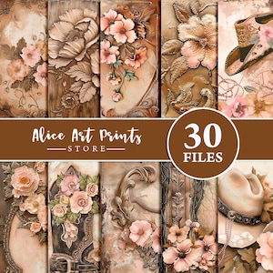 May include: A set of 30 digital paper designs featuring a brown and beige color scheme with floral patterns, cowboy hats, and boots. The papers are perfect for scrapbooking, card making, and other crafting projects.