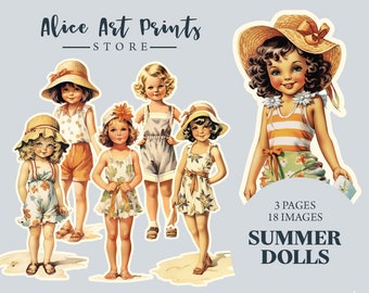 Summer Baby Doll Fussy Cut Ephemera for Junk Journals, Vintage Paper Dolls Digital Download, Printable Collage Sheet, Stickers, Cut-outs