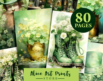 May include: A set of 80 printable journal pages featuring watercolor illustrations of green shamrocks, boots, and a leprechaun. The pages are perfect for adding a touch of Irish charm to your journal.