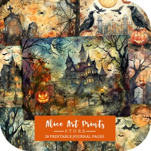 Druckbare Halloween-Landschaft, digitales Papier, Aquarell-Halloween-Szenen, gruselige Seiten, Download Junk Journal, Scrapbooking, Kartenherstellung