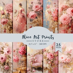 Tattered Pink & Gold Wall Printable, 25 Pink druckbare Junk Journal Seiten, Rokoko Pink Gold Scrapbooking Papiere, Shabby Chic Collage Sheet