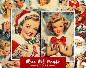 May include: A collage of vintage Christmas images featuring angels, children, Santa Claus, and women holding gifts. The images are in a retro style with bright colors and a festive feel. The text "Alice Art Prints - STORE - 115 Printable Journal Cards" is at the bottom of the collage.