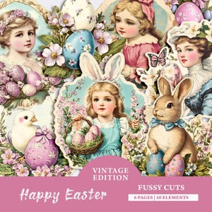 Druckbare Frohe Ostern Ephemera, Frühlings Bilder Pingelige Schnitte, Vintage Pastell Rosa Ostern Karte machen, Junk Journal Zubehör, Aufkleber, Scrapbook