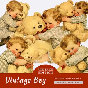 Kleine jongen met teddybeer clipart bundel, transparante PNG, vintage schattige jongens clipart, sublimatie, papier ambachtelijke, junk Journal scrapbooking