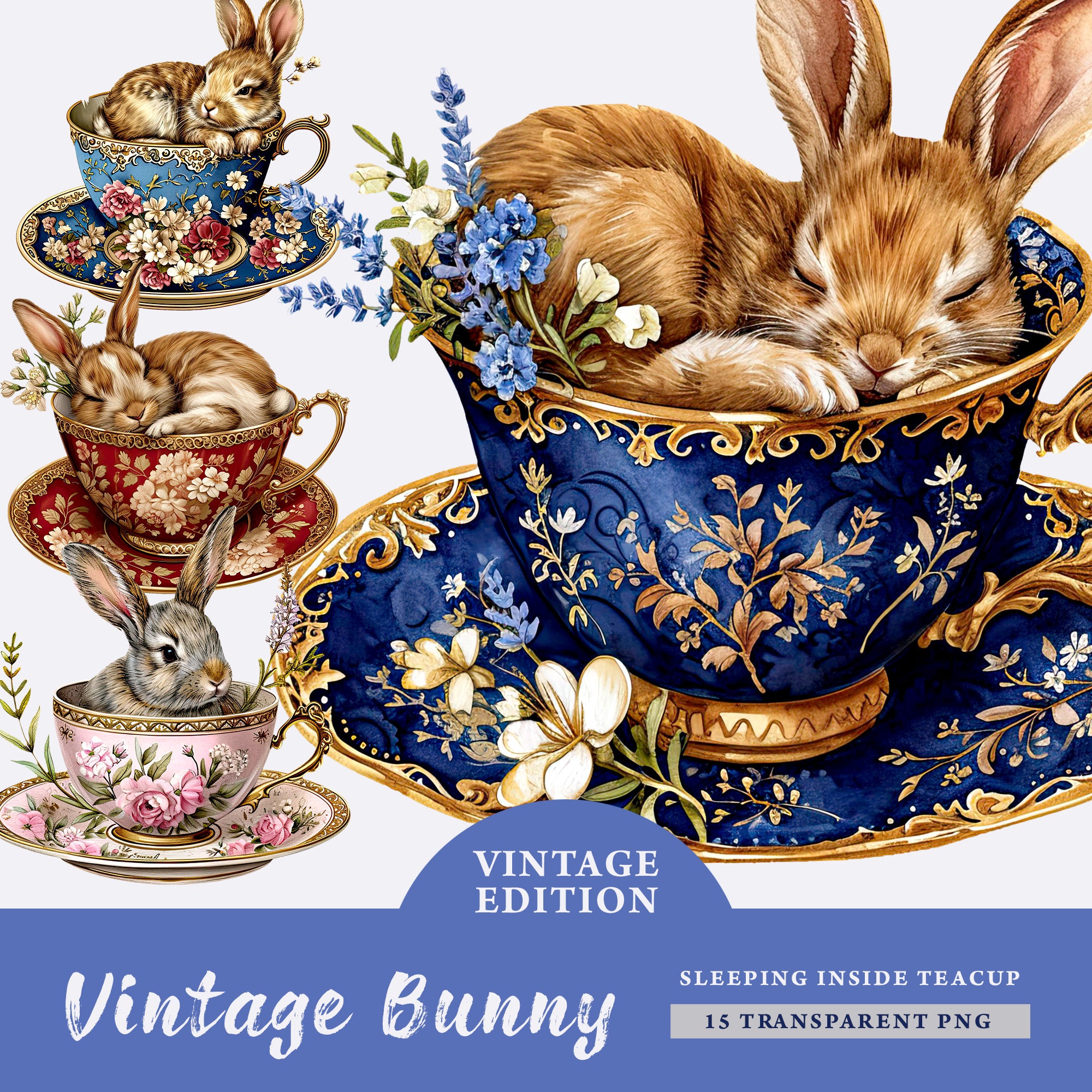 Cute Bunnies Watercolor Clipart, Adorable baby rabbit PNG, Cute Bunny in a teacup PNG, Vintage Little Bunny Clipart Bundle, Junk Journal